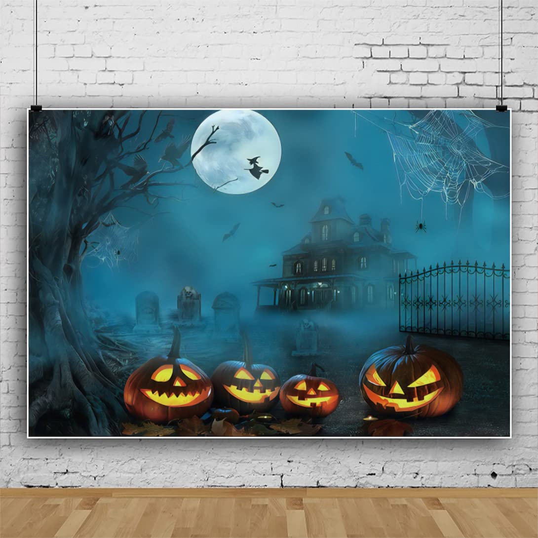 Renaiss Halloween Backdrop Full Moon Witch Pumpkin Lamp Graveyard Spooky Haunted House Photography Background Crow Bat Dilapidated Villa Scary Halloween Dress Up Party Decors 5x3ft Photo Booth Props - Image 3