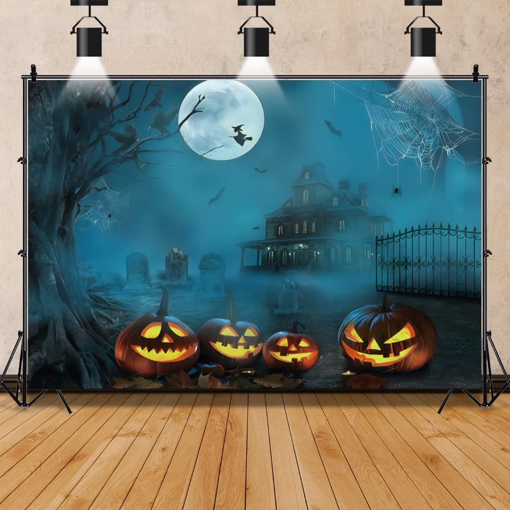 Renaiss Halloween Backdrop Full Moon Witch Pumpkin Lamp Graveyard Spooky Haunted House Photography Background Crow Bat Dilapidated Villa Scary Halloween Dress Up Party Decors 5x3ft Photo Booth Props - Image 4