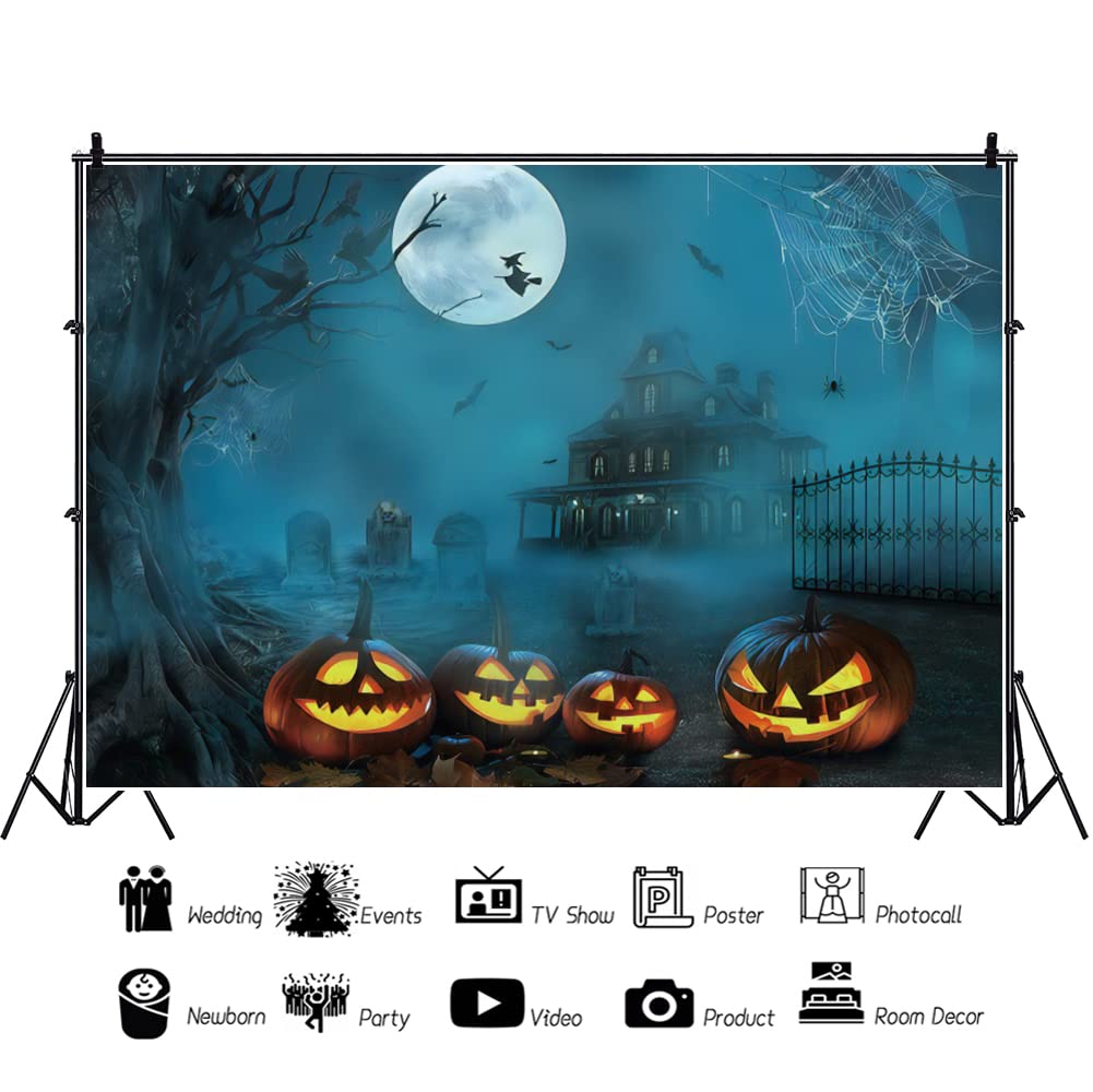 Renaiss Halloween Backdrop Full Moon Witch Pumpkin Lamp Graveyard Spooky Haunted House Photography Background Crow Bat Dilapidated Villa Scary Halloween Dress Up Party Decors 5x3ft Photo Booth Props - Image 5