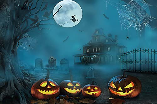 Renaiss Halloween Backdrop Full Moon Witch Pumpkin Lamp Graveyard Spooky Haunted House Photography Background Crow Bat Dilapidated Villa Scary Halloween Dress Up Party Decors 5x3ft Photo Booth Props - Image 6