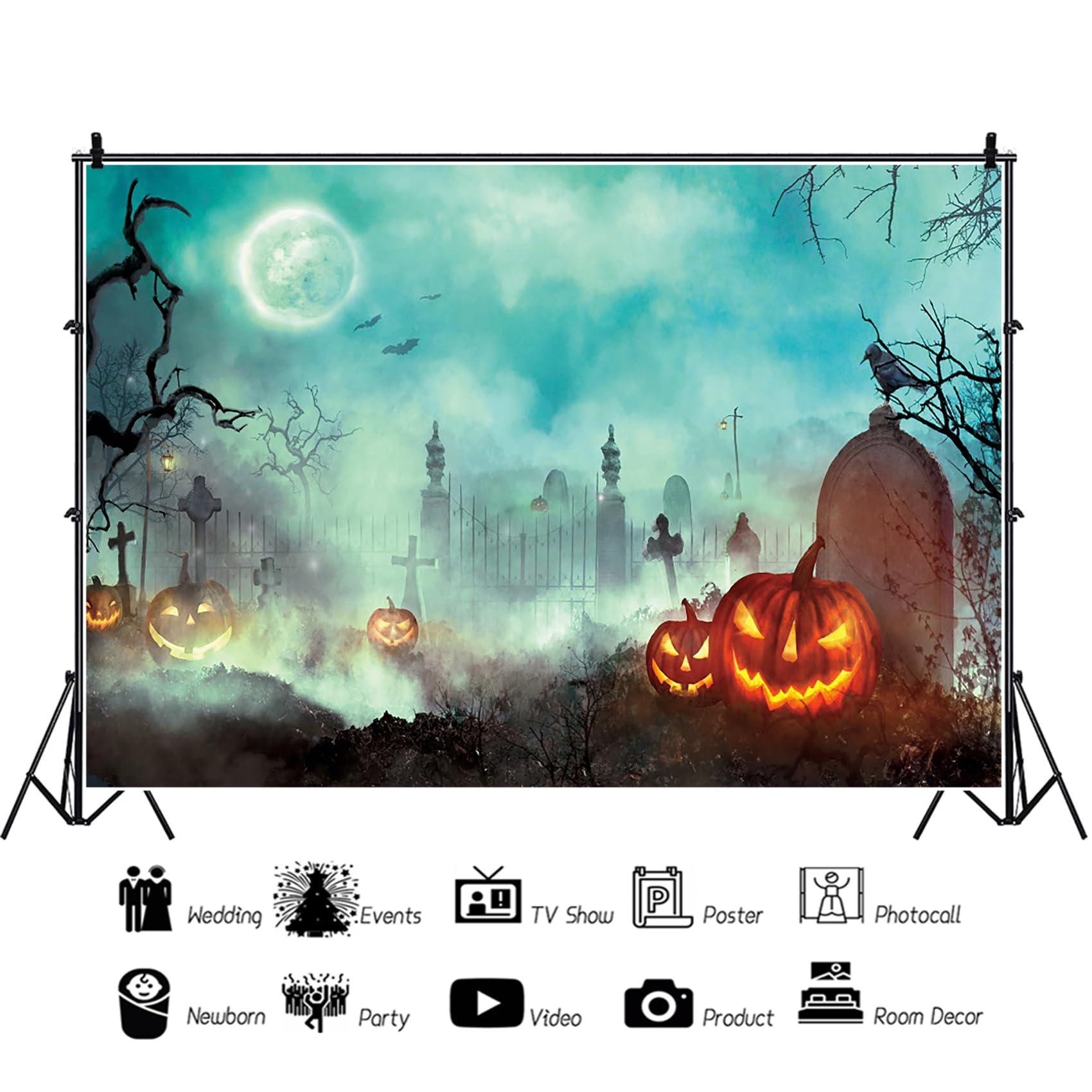Renaiss Halloween Backdrop Misty Graveyard Moon Night Creepy Cemetery Photography Background Pumpkin Lamps Cross Tombstone Spooky Trees Horror Dress Up Halloween Party Decors 7x5ft Photo Booth Props - Image 3