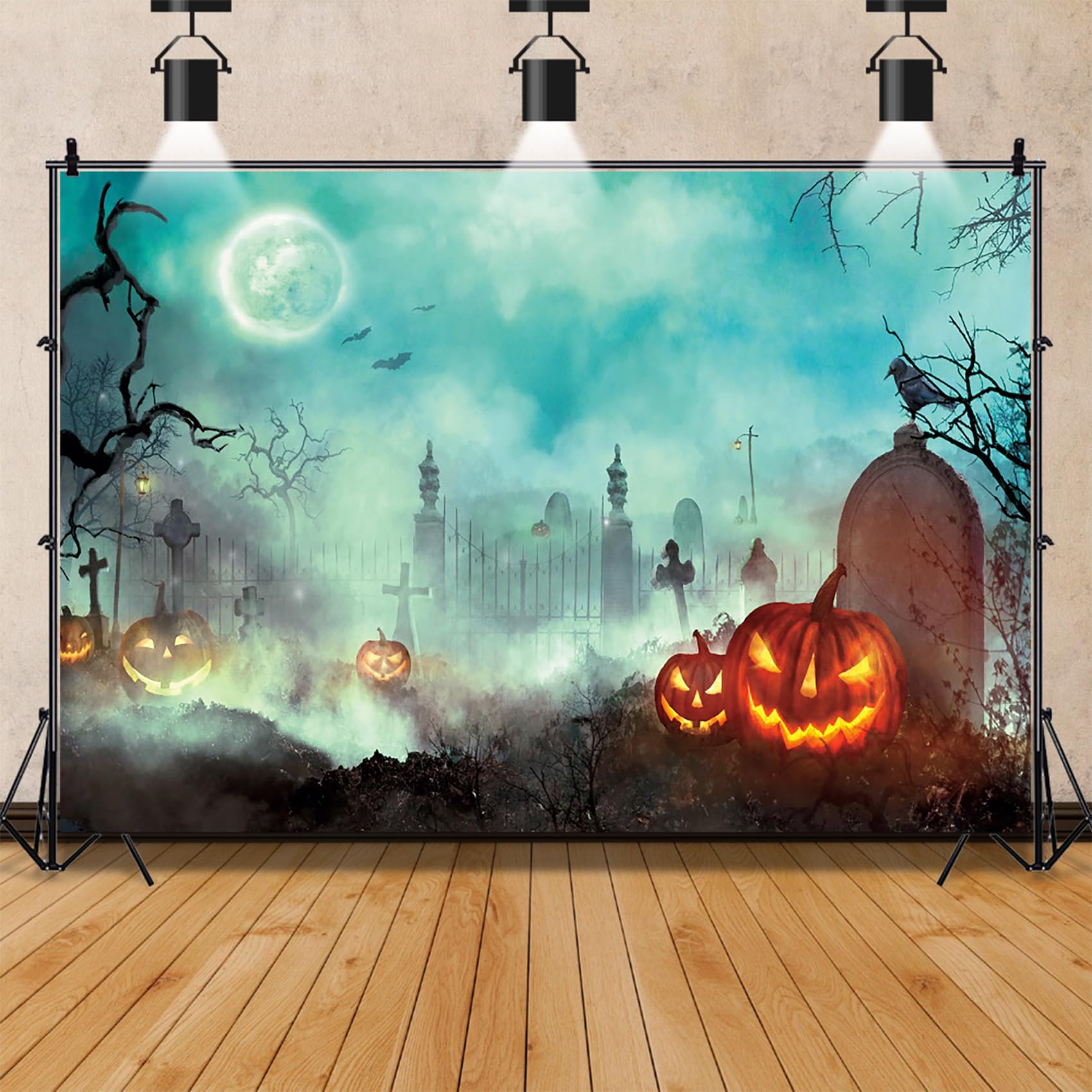 Renaiss Halloween Backdrop Misty Graveyard Moon Night Creepy Cemetery Photography Background Pumpkin Lamps Cross Tombstone Spooky Trees Horror Dress Up Halloween Party Decors 7x5ft Photo Booth Props - Image 4