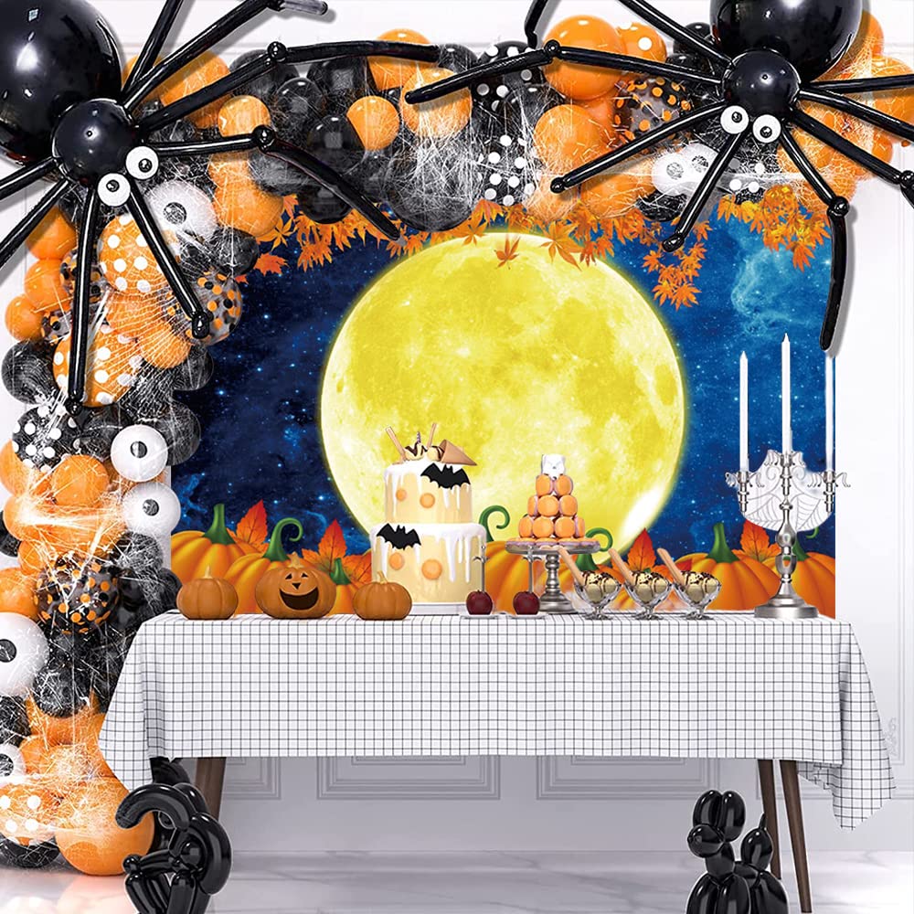 Renaiss Huge Full Moon Backdrop Blue Starry Sky Red Maple Leaves Pumpkin Thanksgiving Halloween Photography Background Friendsgiving Birthday Halloween Party Decor 7x5ft Photo Booth Props Wallpaper - Image 3