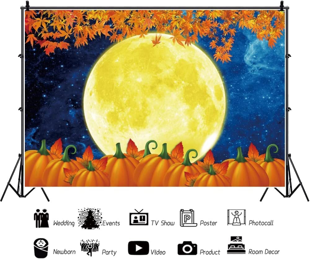 Renaiss Huge Full Moon Backdrop Blue Starry Sky Red Maple Leaves Pumpkin Thanksgiving Halloween Photography Background Friendsgiving Birthday Halloween Party Decor 7x5ft Photo Booth Props Wallpaper - Image 4
