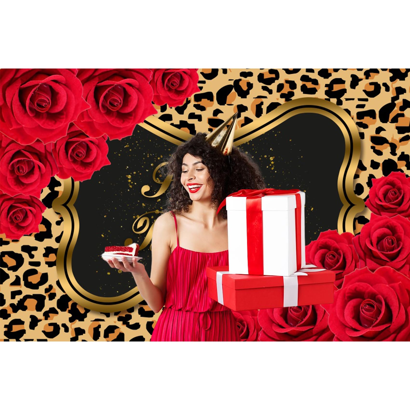 Renaiss Red Leopard Birthday Backdrop for Woman 7x5ft Fabric Red Rose Flowers Photography Background for Woman Leopard Print Birthday Party Decorations Photo Backdrops - Image 3