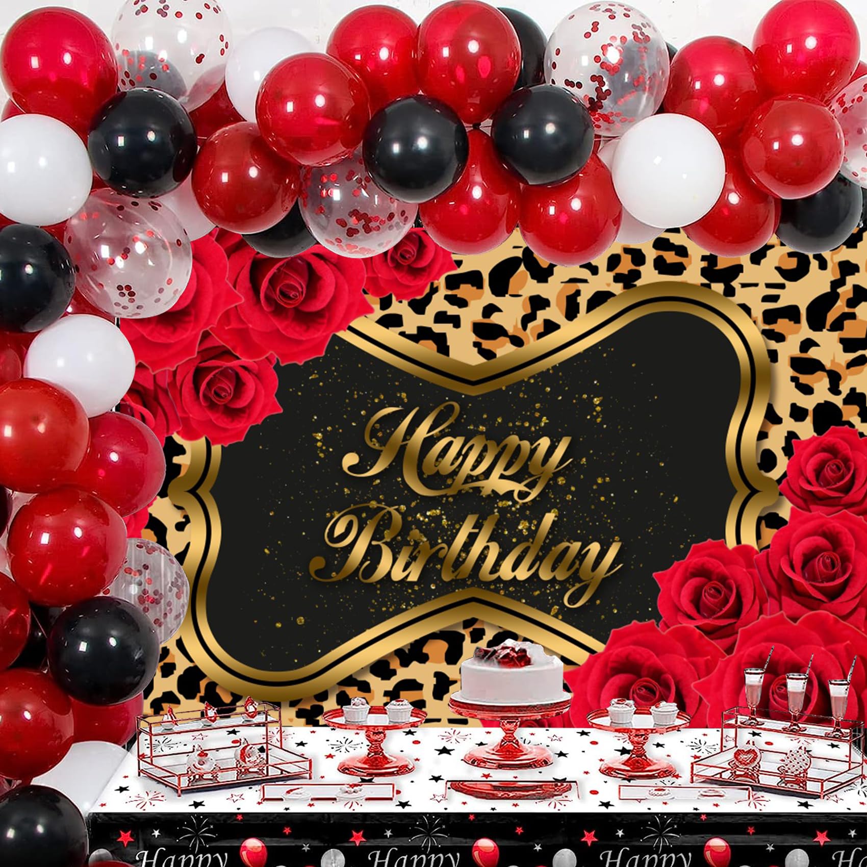 Renaiss Red Leopard Birthday Backdrop for Woman 7x5ft Fabric Red Rose Flowers Photography Background for Woman Leopard Print Birthday Party Decorations Photo Backdrops - Image 6