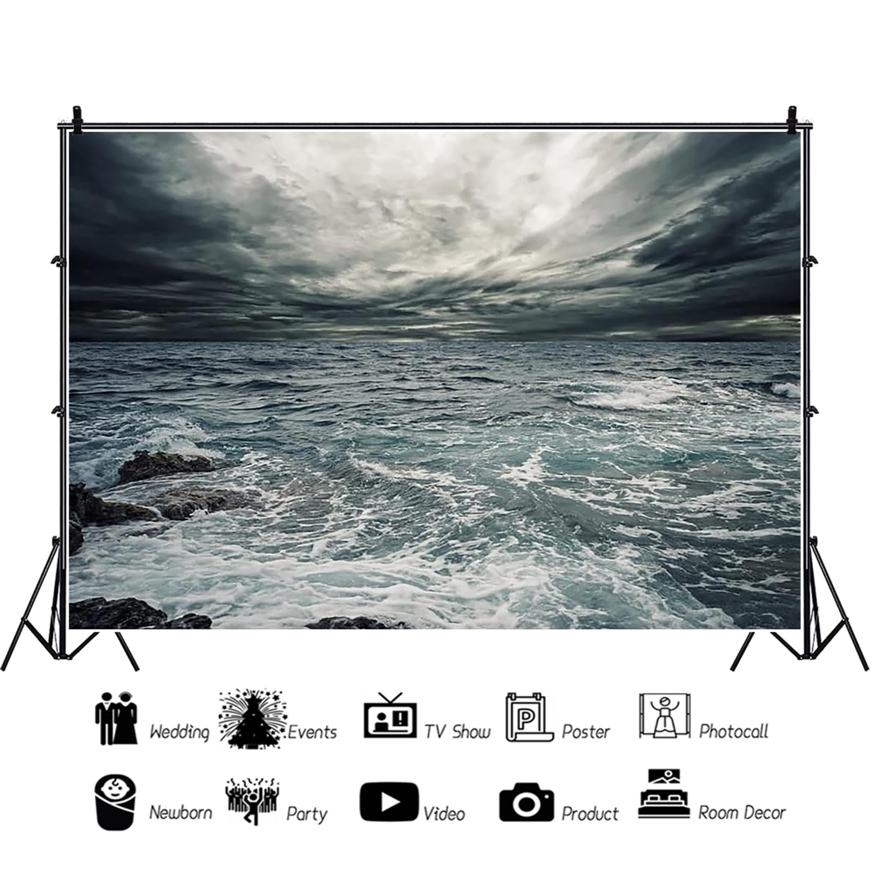 Renaiss Stormy Sea Backdrop for Photoshoot Adults Kids Portrait Marine Low Dark Clouds Waves Reef Misty Ocean Photography Background Nautical Pirate Themed Party Decors 10x8ft Banner Photo Booth Props - Image 3